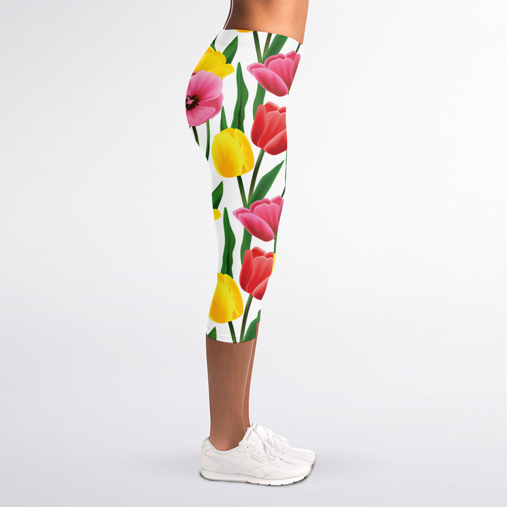 Colorful Tulip Pattern Print Women's Capri Leggings