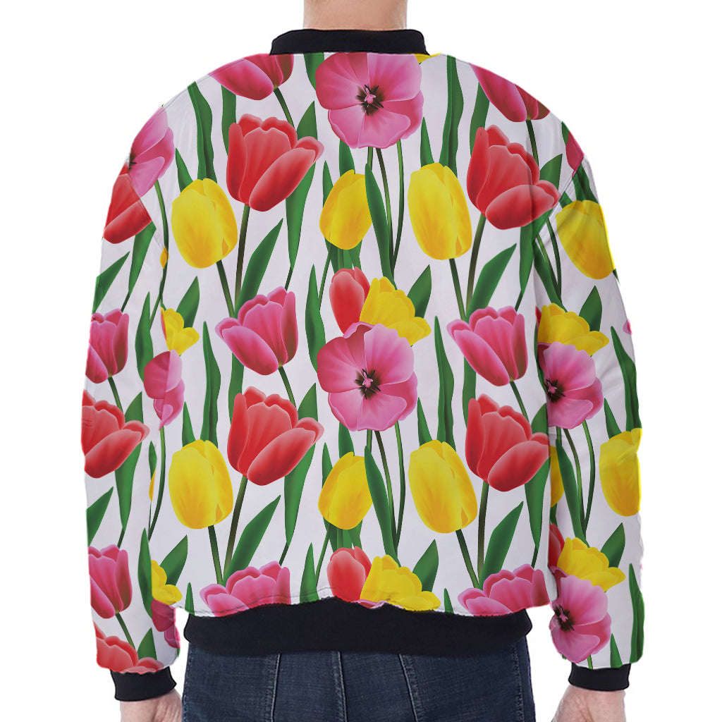 Colorful Tulip Pattern Print Zip Sleeve Bomber Jacket