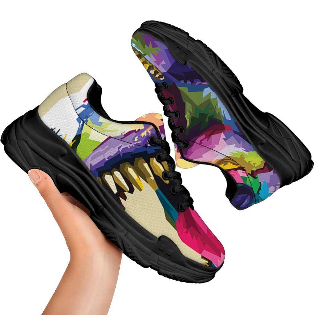 Colorful Tyrannosaurus Rex Print Black Chunky Shoes