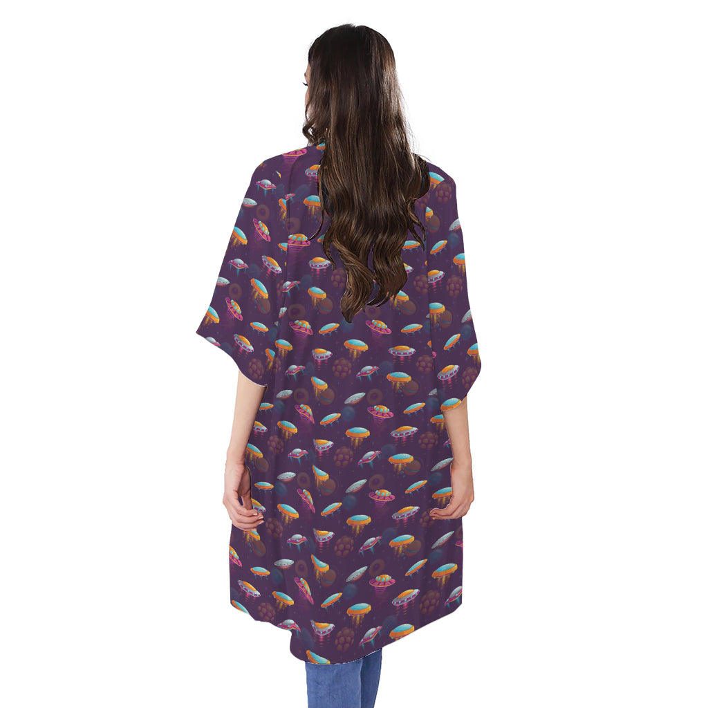 Colorful UFO Pattern Print Open Front Beach Cover Up