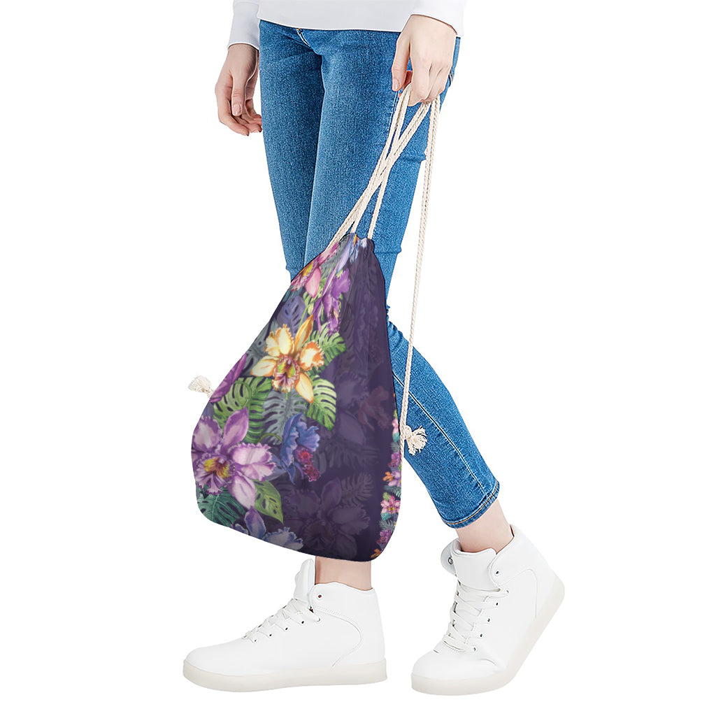 Colorful Watercolor Cattleya Print Drawstring Bag