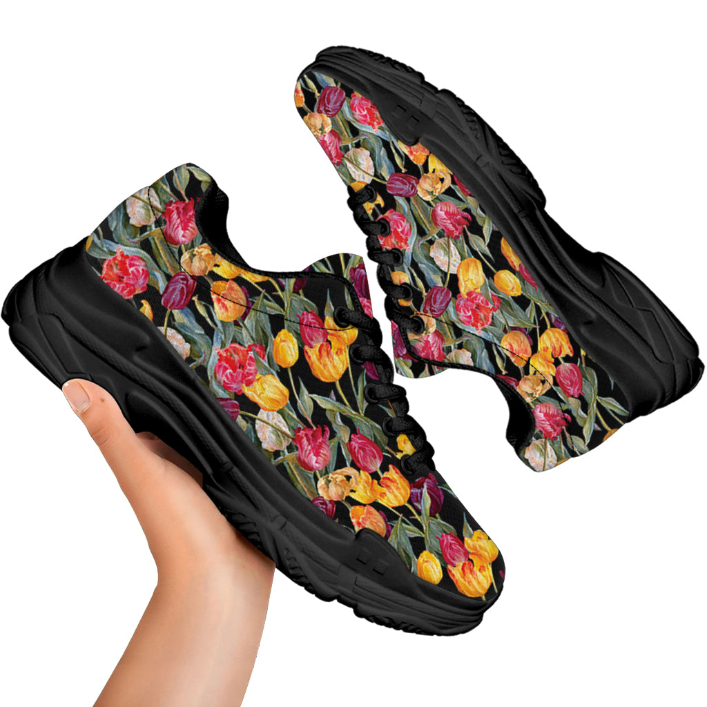 Colorful Watercolor Tulip Pattern Print Black Chunky Shoes