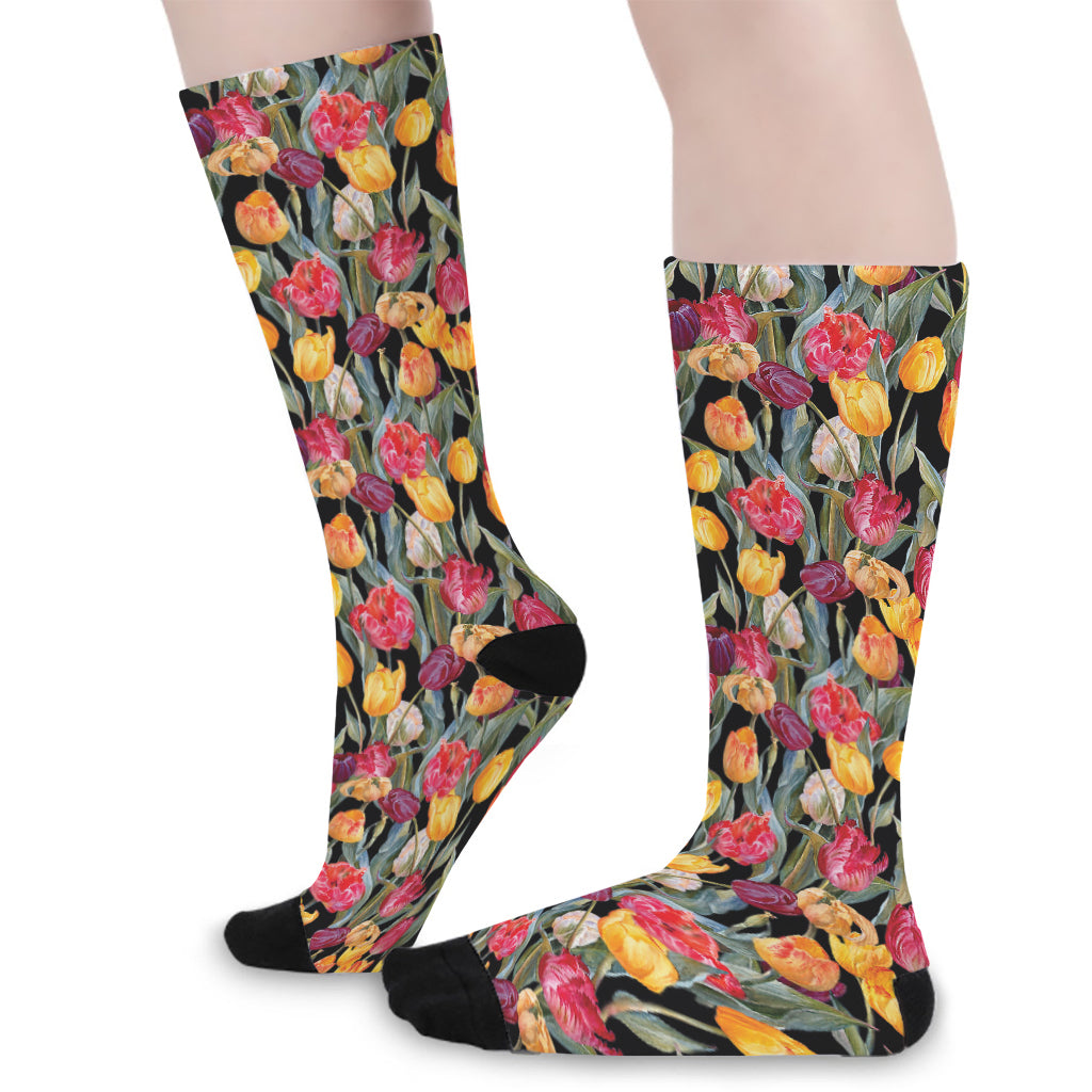 Colorful Watercolor Tulip Pattern Print Long Socks