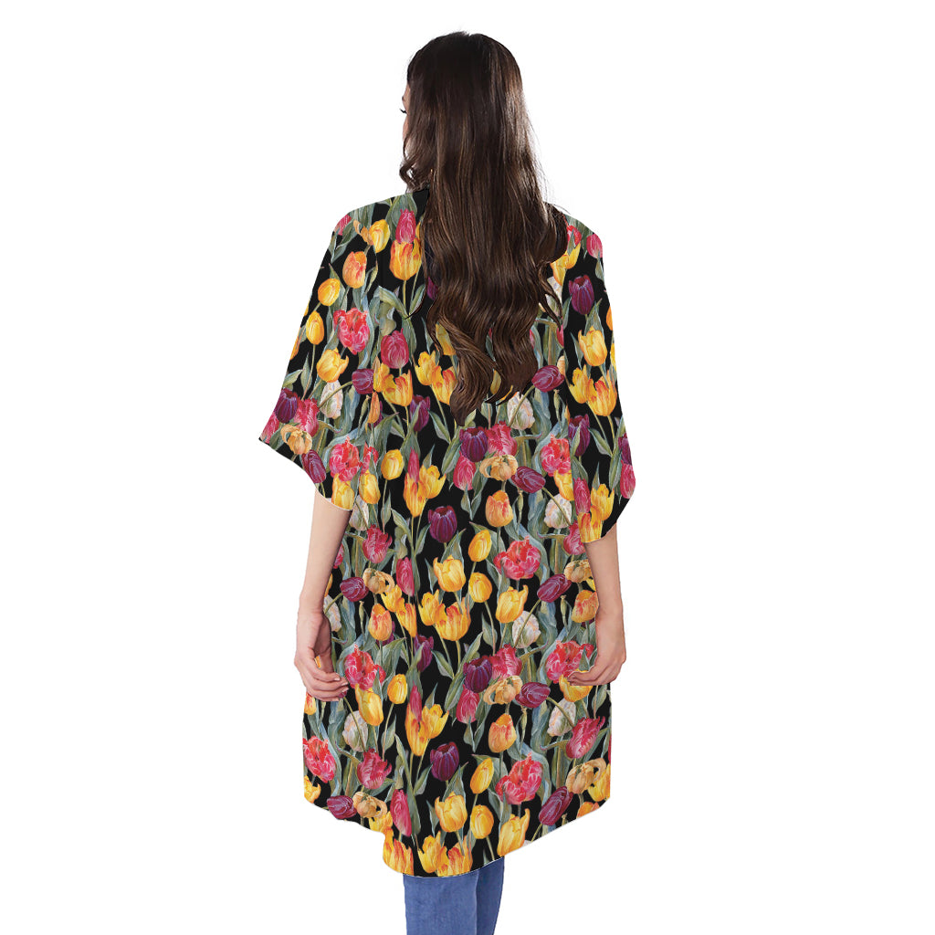 Colorful Watercolor Tulip Pattern Print Open Front Beach Cover Up