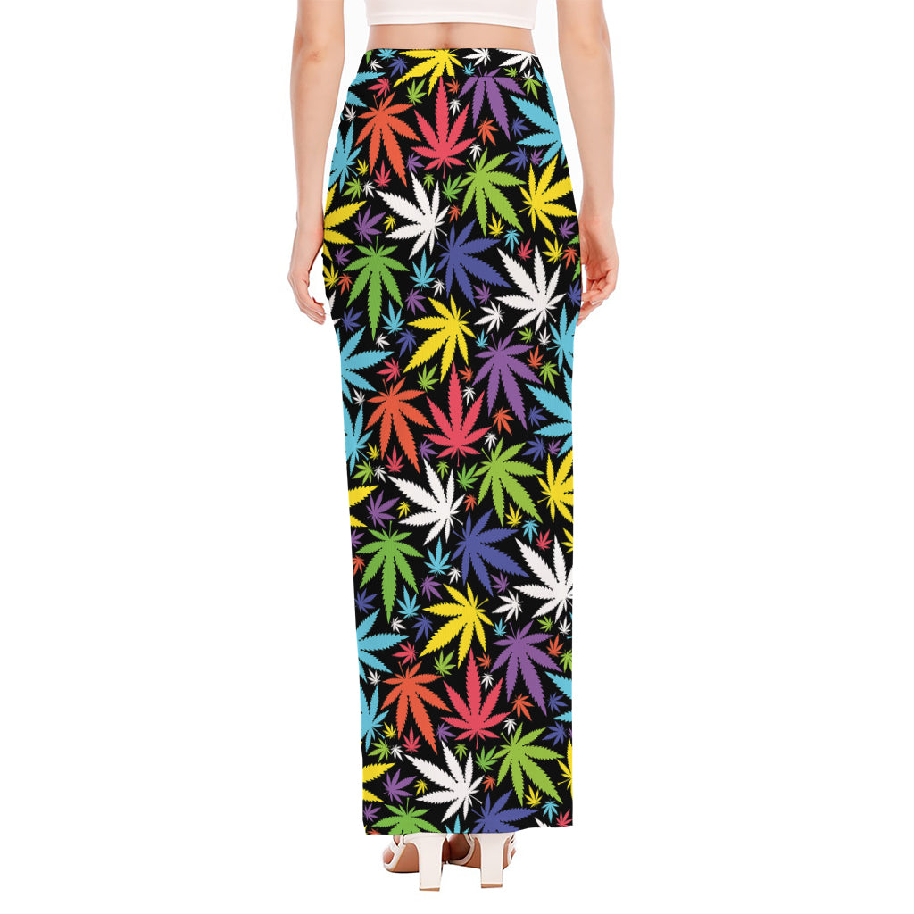 Colorful Weed Leaf Pattern Print High Slit Maxi Skirt