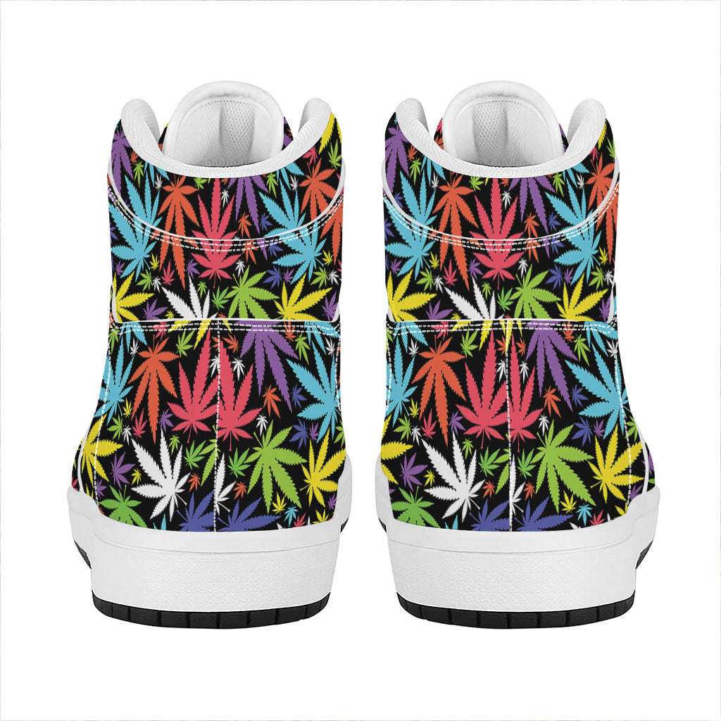 Colorful Weed Leaf Pattern Print High Top Leather Sneakers
