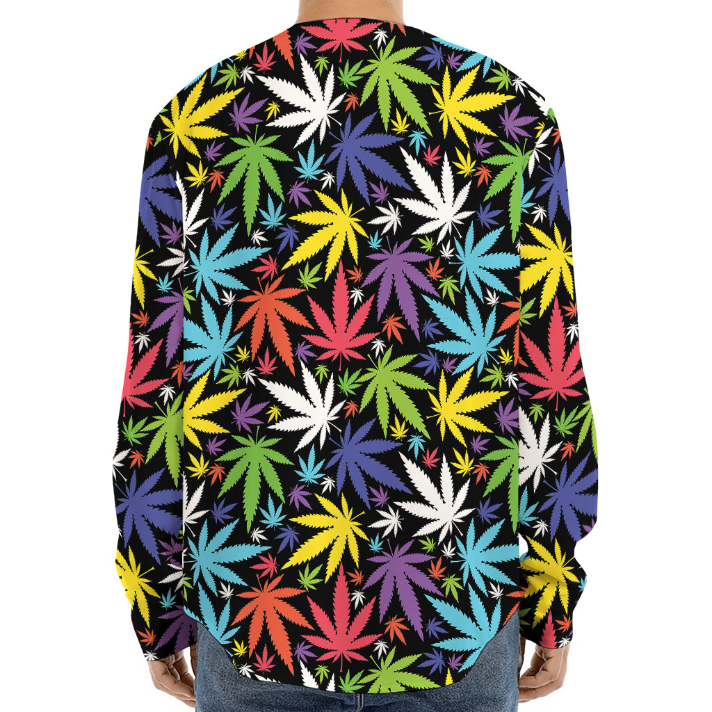 Colorful Weed Leaf Pattern Print Long Sleeve Baseball Jersey