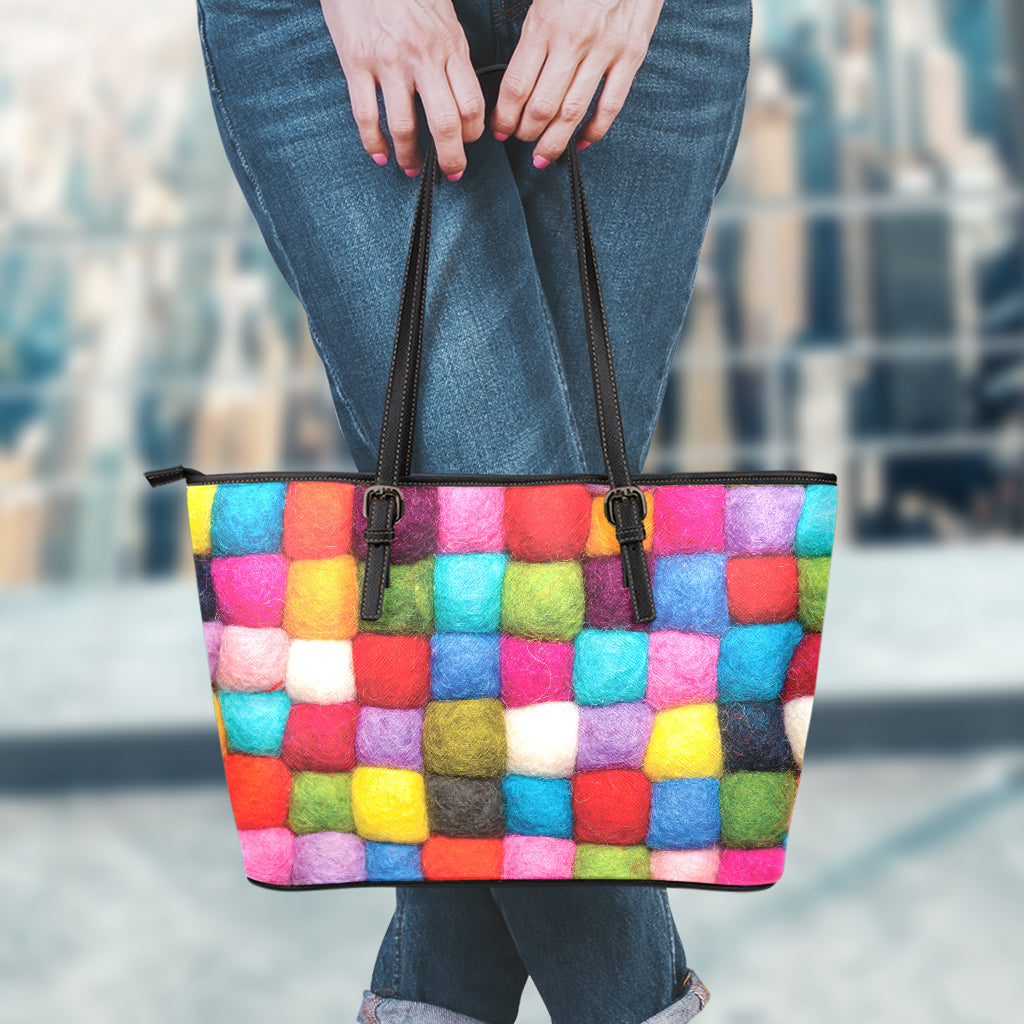 Colorful Yarn Balls Print Leather Tote Bag