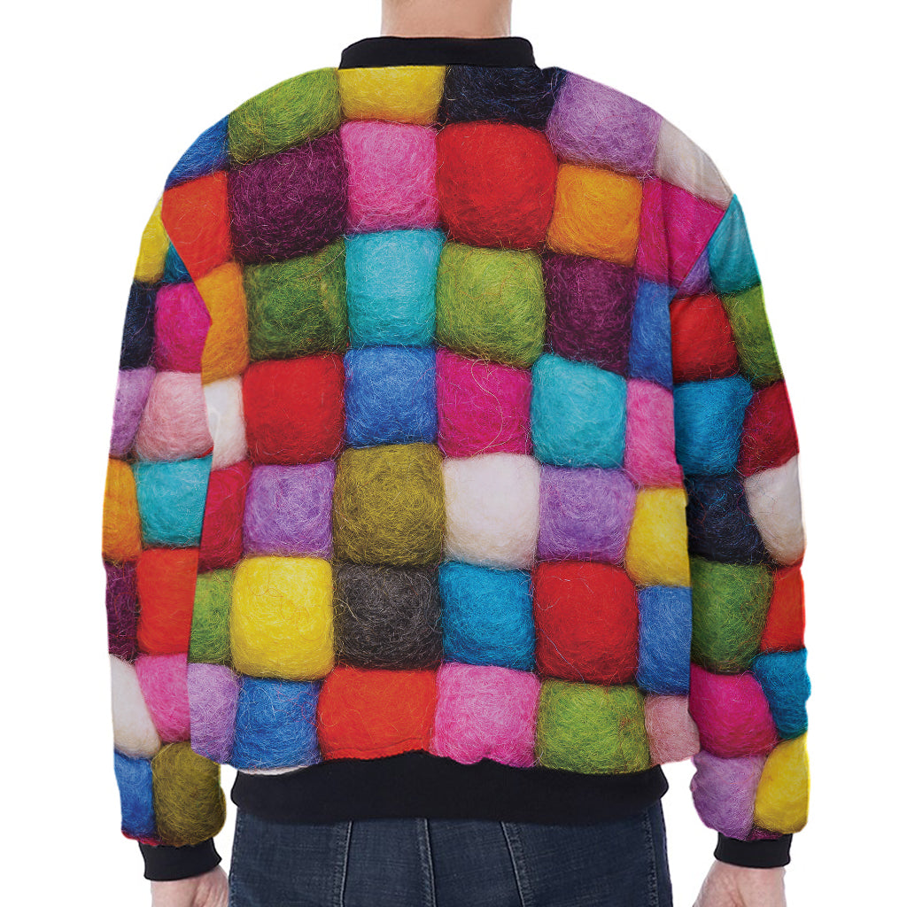 Colorful Yarn Balls Print Zip Sleeve Bomber Jacket