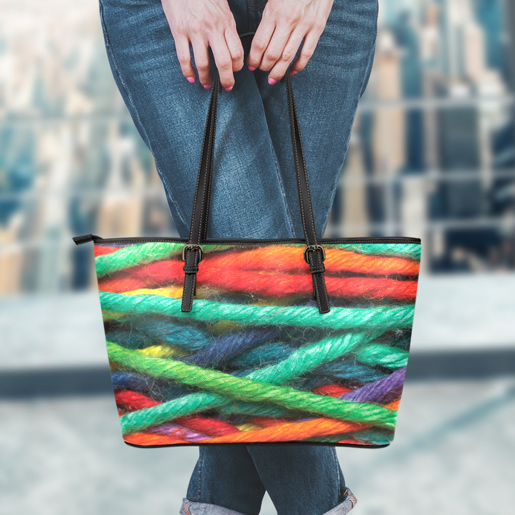 Colorful Yarn Print Leather Tote Bag