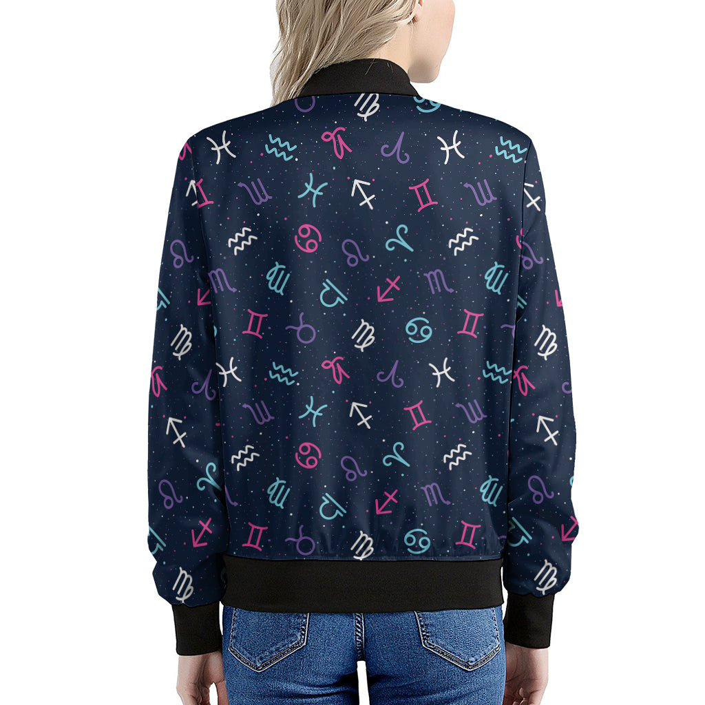 Colorful Zodiac Symbols Pattern Print Women's Bomber Jacket