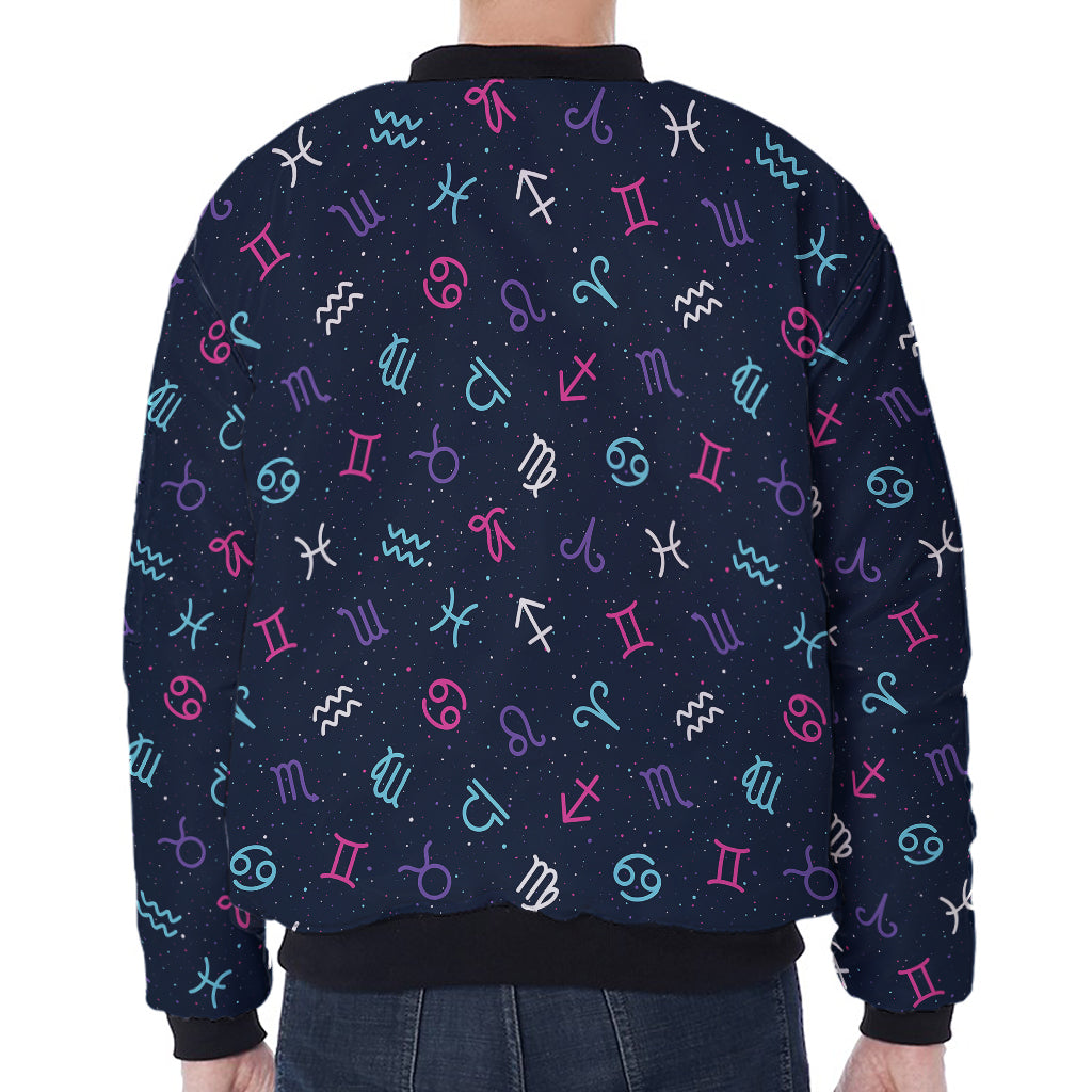 Colorful Zodiac Symbols Pattern Print Zip Sleeve Bomber Jacket