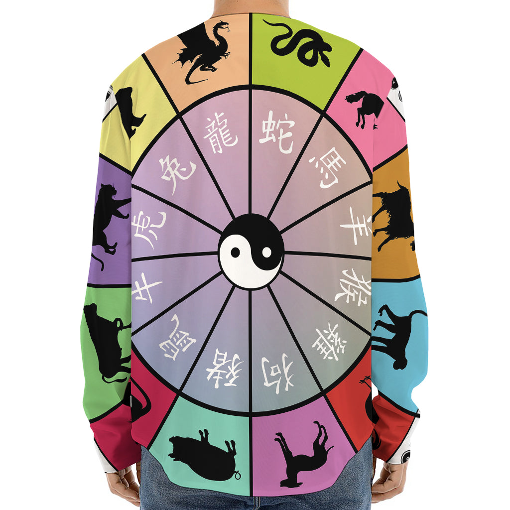 Colourful Chinese Zodiac Wheel Print Long Sleeve Baseball Jersey