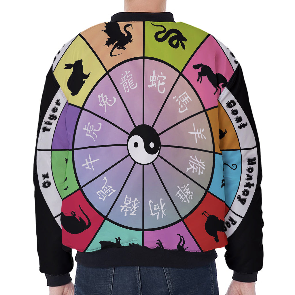Colourful Chinese Zodiac Wheel Print Zip Sleeve Bomber Jacket