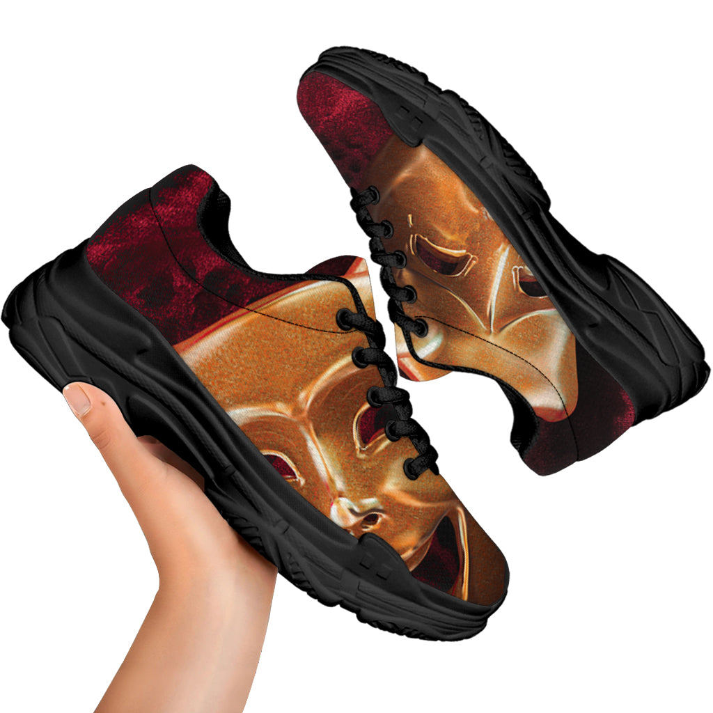 Comedy And Tragedy Theater Masks Print Black Chunky Shoes
