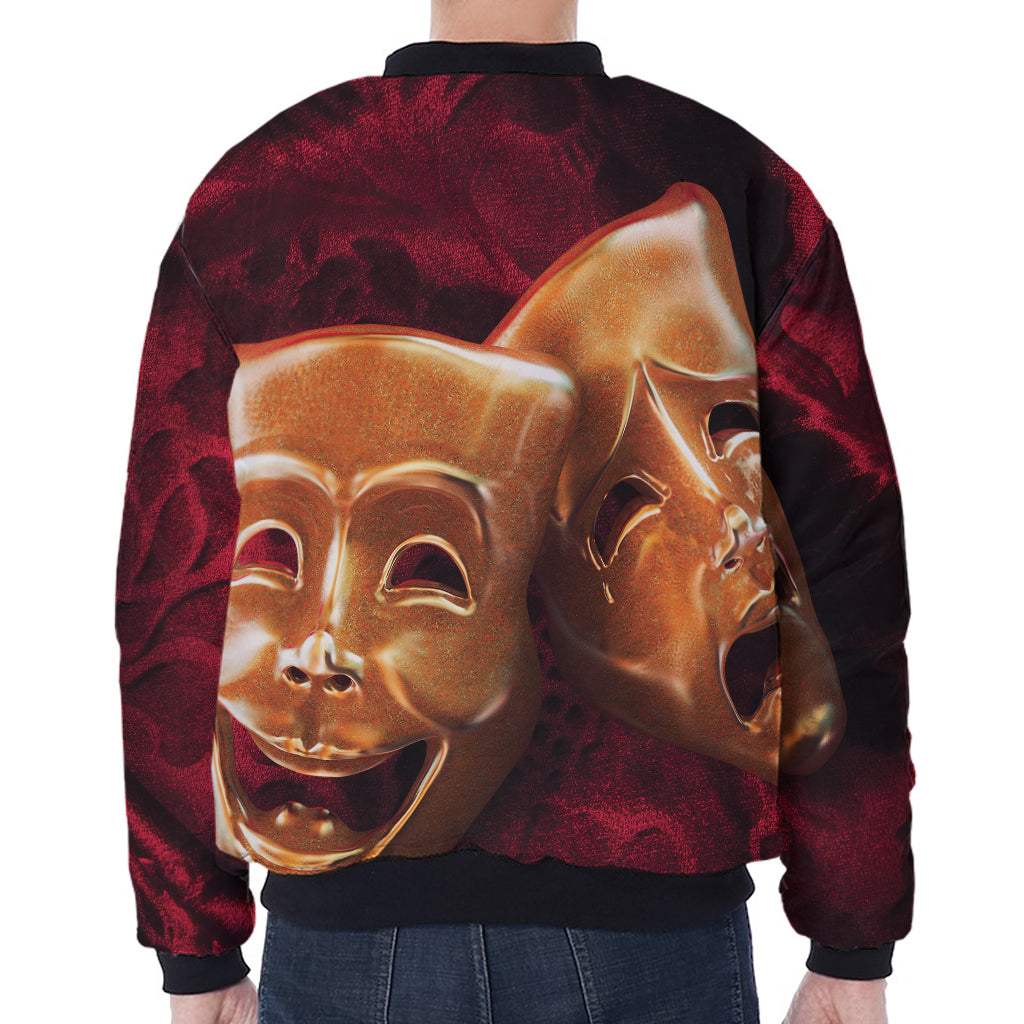 Comedy And Tragedy Theater Masks Print Zip Sleeve Bomber Jacket
