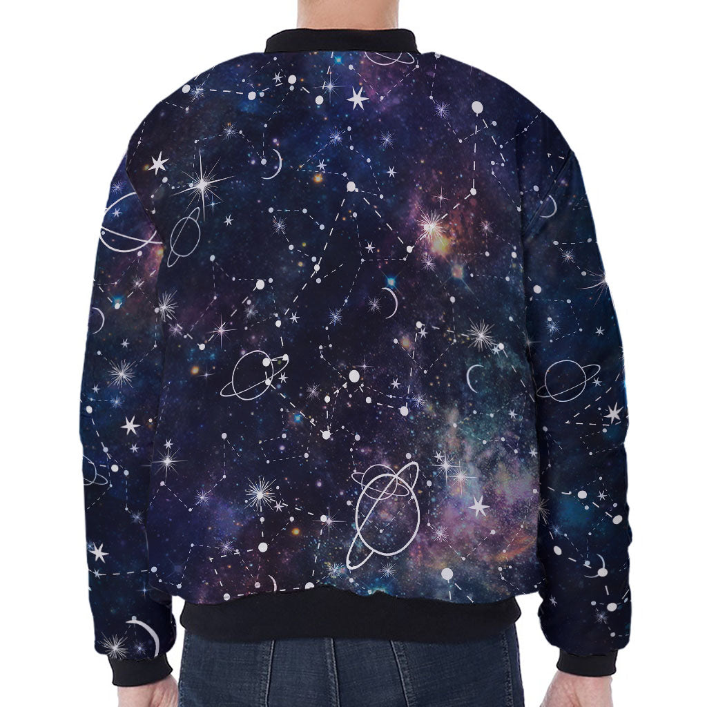 Constellation Galaxy Space Print Zip Sleeve Bomber Jacket