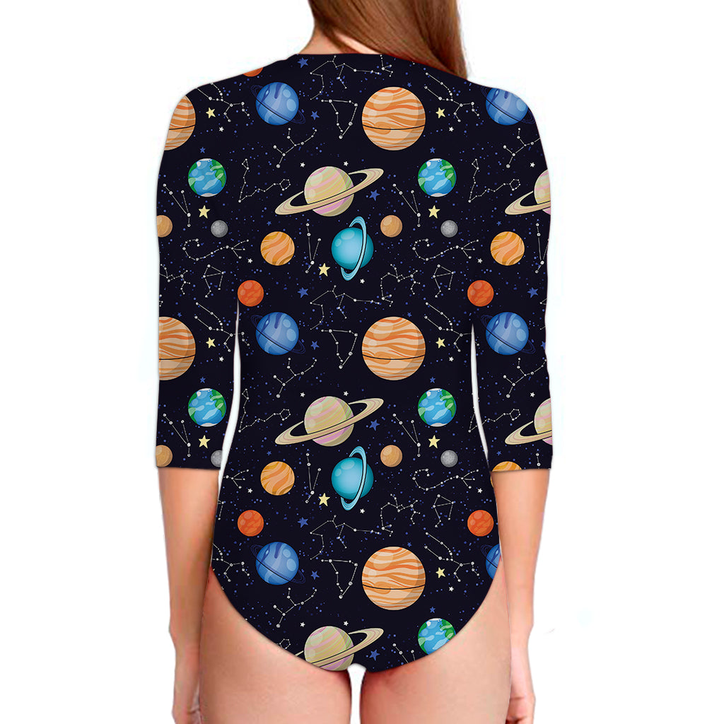 Constellations And Planets Pattern Print Long Sleeve Swimsuit