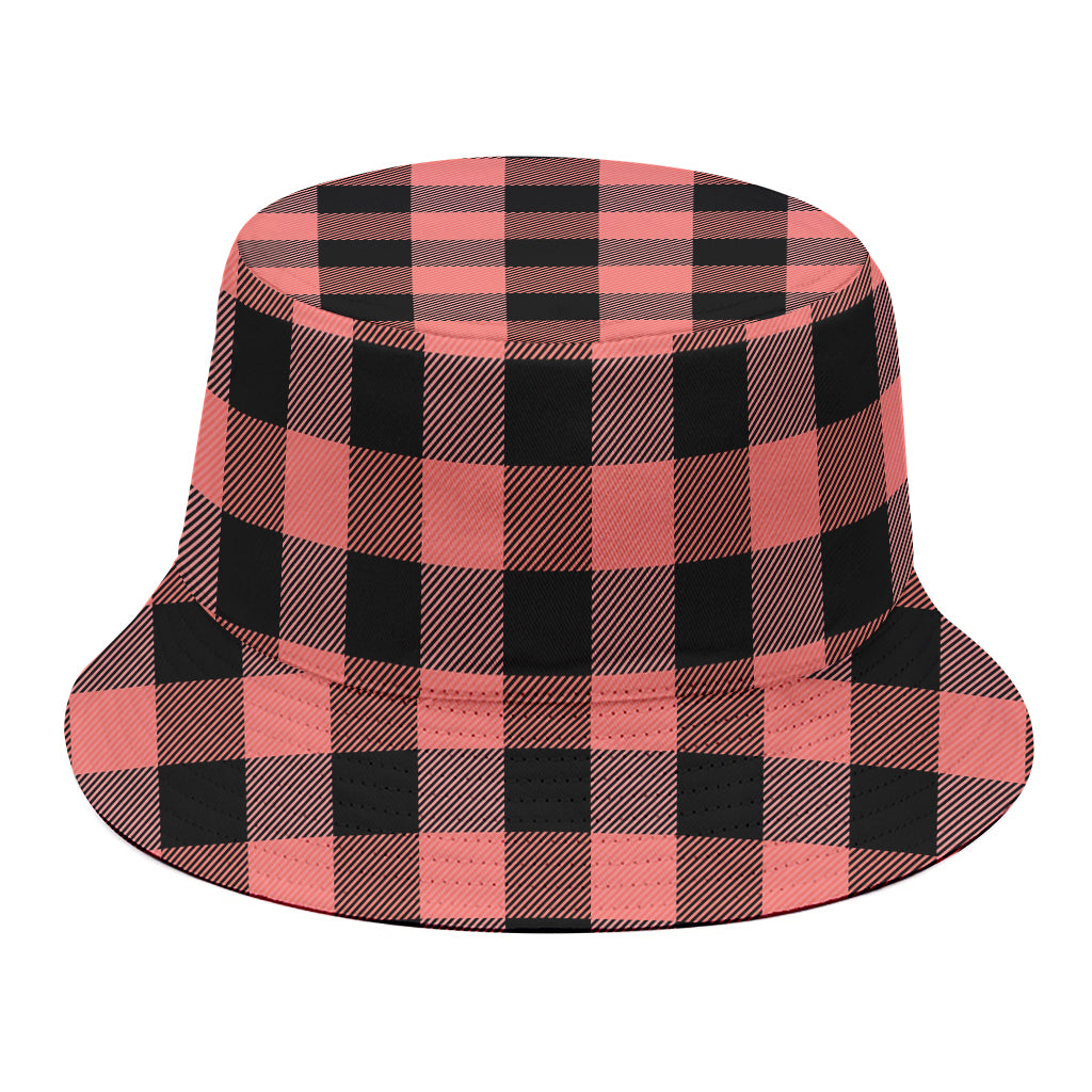 Coral Pink And Black Buffalo Check Print Bucket Hat