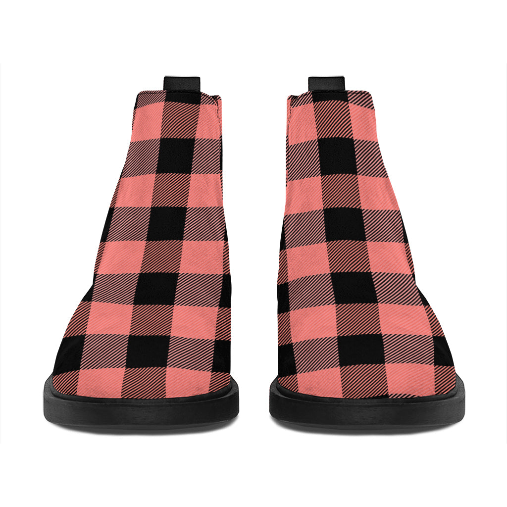 Coral Pink And Black Buffalo Check Print Flat Ankle Boots