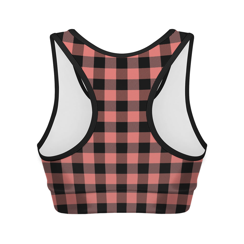Coral Pink And Black Buffalo Check Print Women's Sports Bra