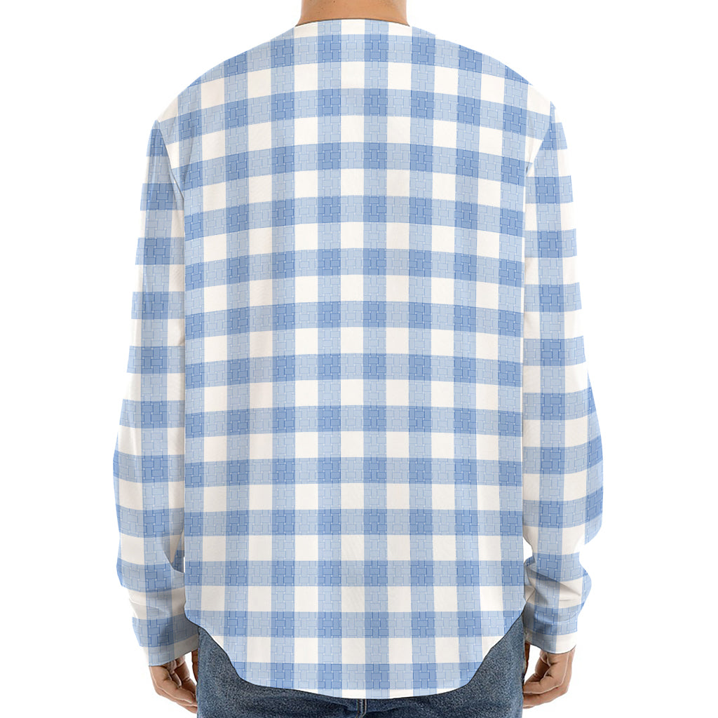 Cornflower Blue And White Gingham Print Long Sleeve Baseball Jersey