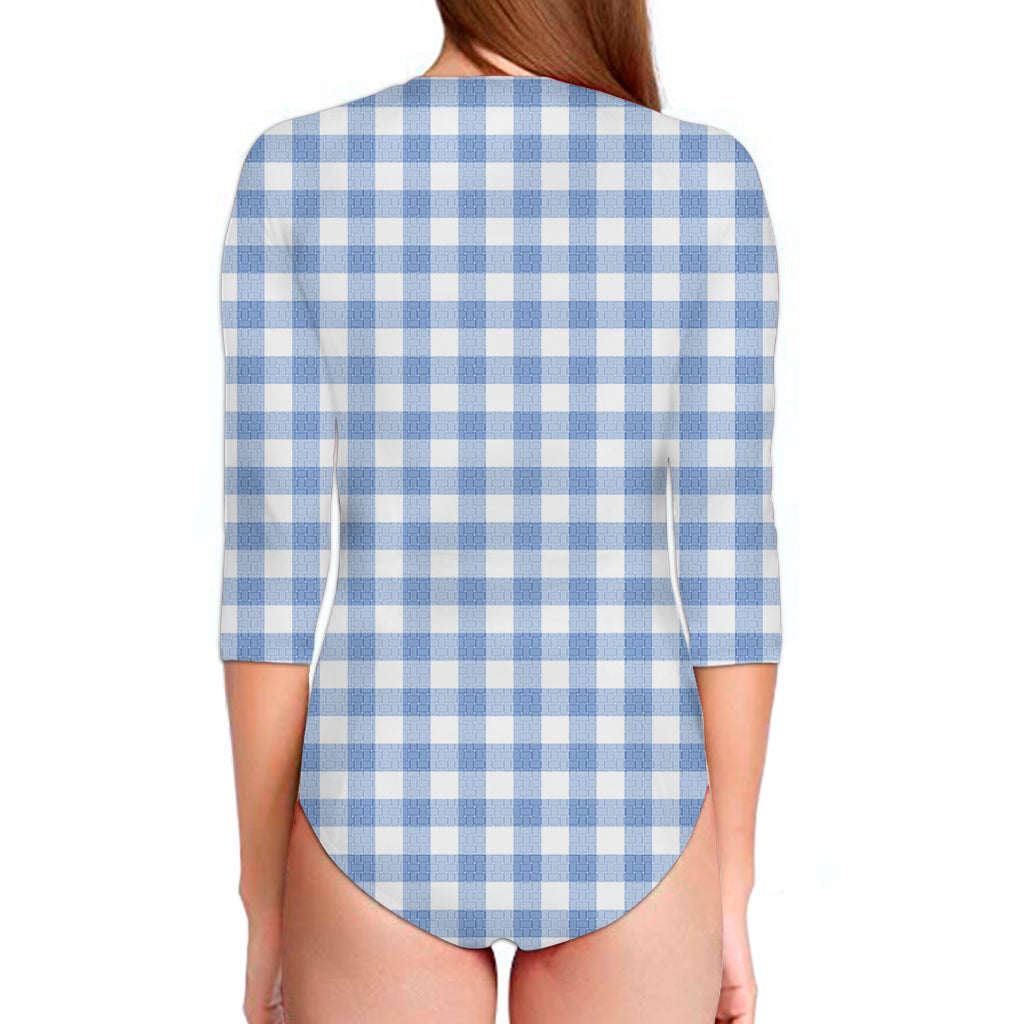 Cornflower Blue And White Gingham Print Long Sleeve Swimsuit