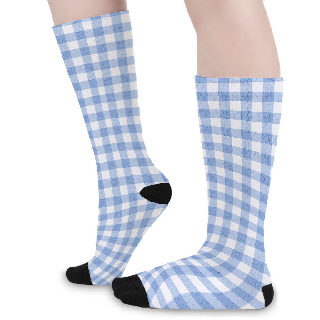 Cornflower Blue And White Gingham Print Long Socks