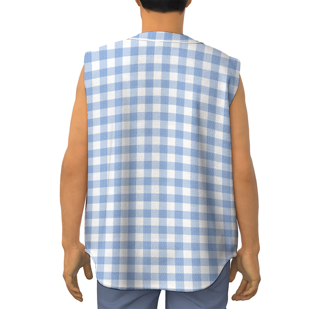 Cornflower Blue And White Gingham Print Sleeveless Baseball Jersey