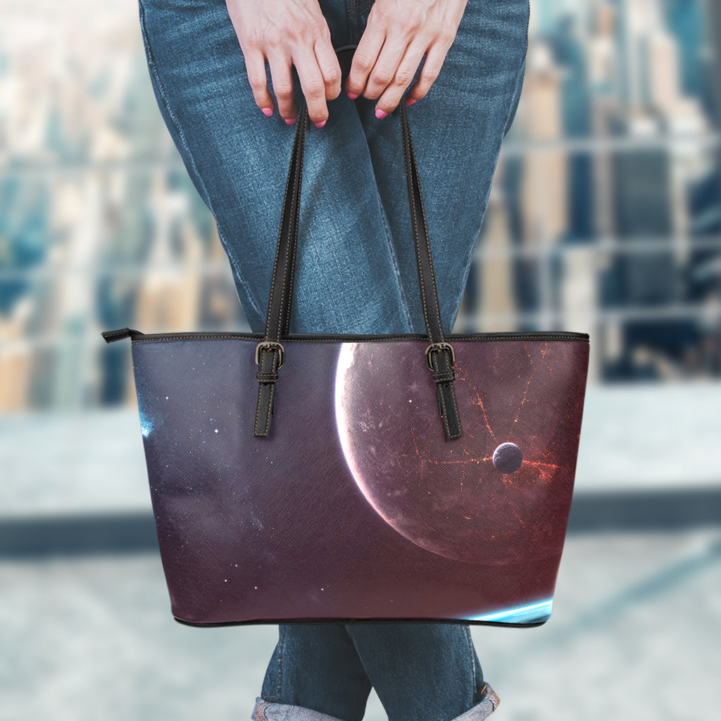 Cosmic Space Print Leather Tote Bag