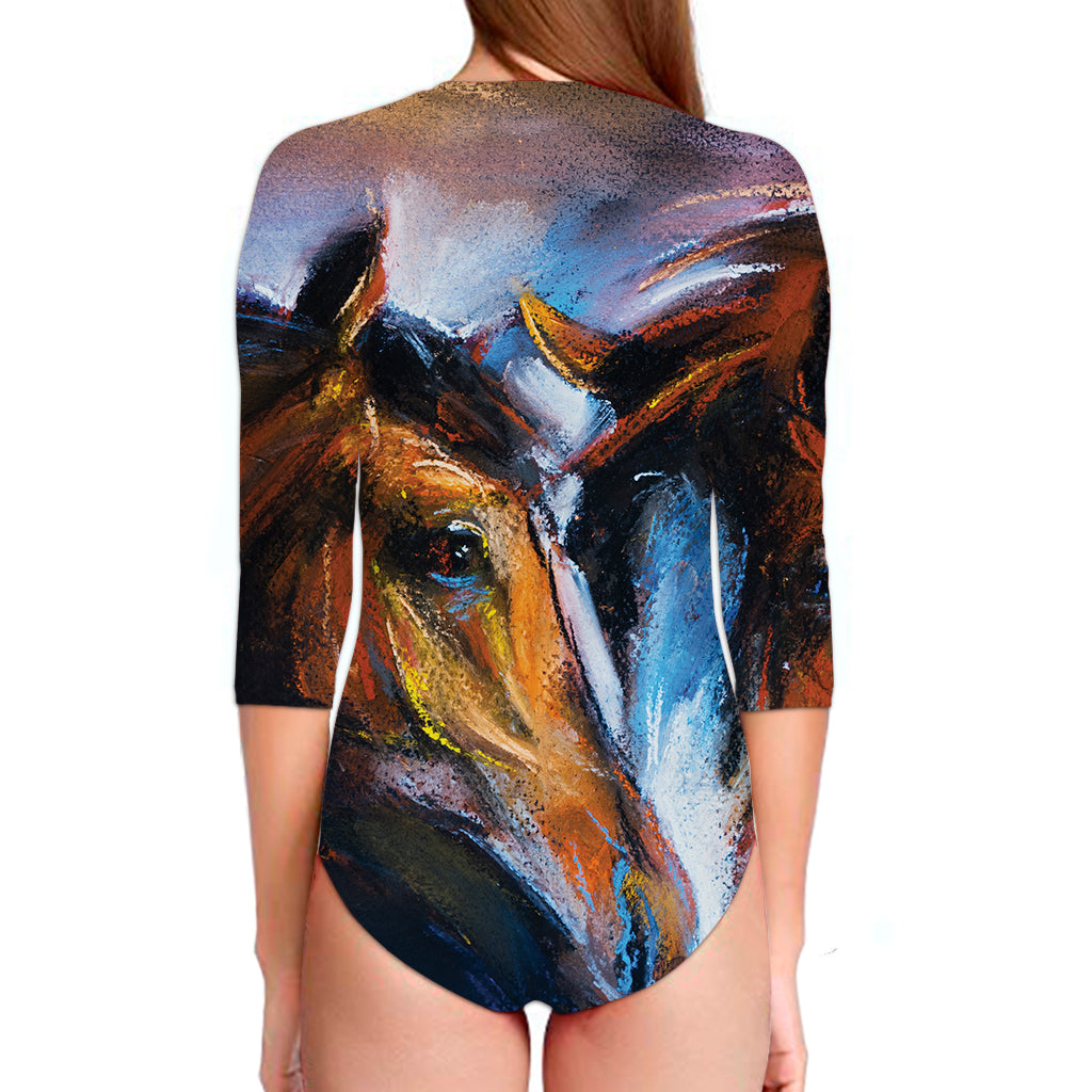 Couple Horses Painting Print Long Sleeve Swimsuit