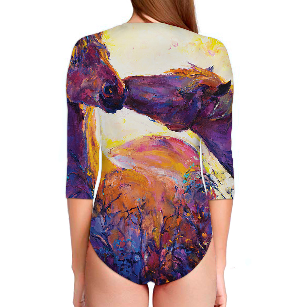 Couple Horses Portrait Print Long Sleeve Swimsuit