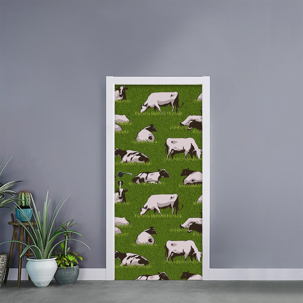 Cow On Green Grass Pattern Print Door Sticker