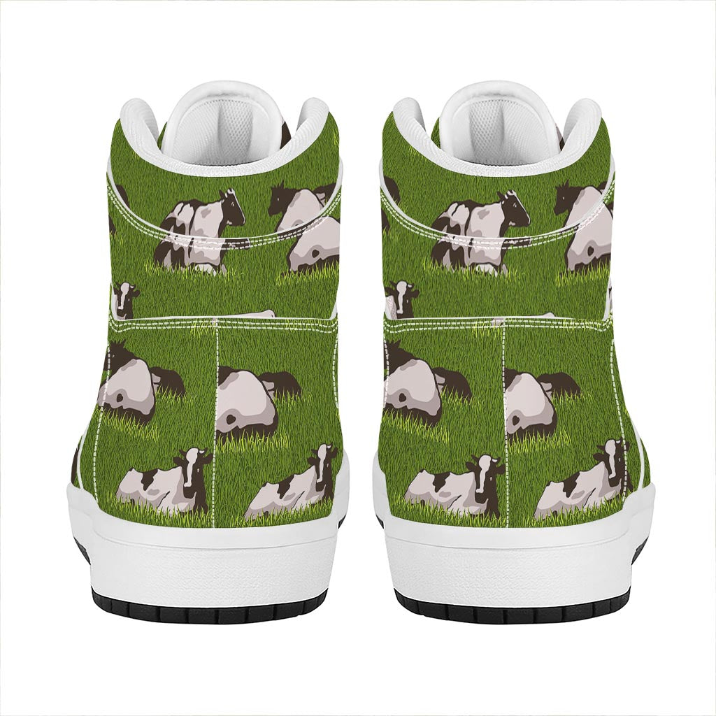 Cow On Green Grass Pattern Print High Top Leather Sneakers