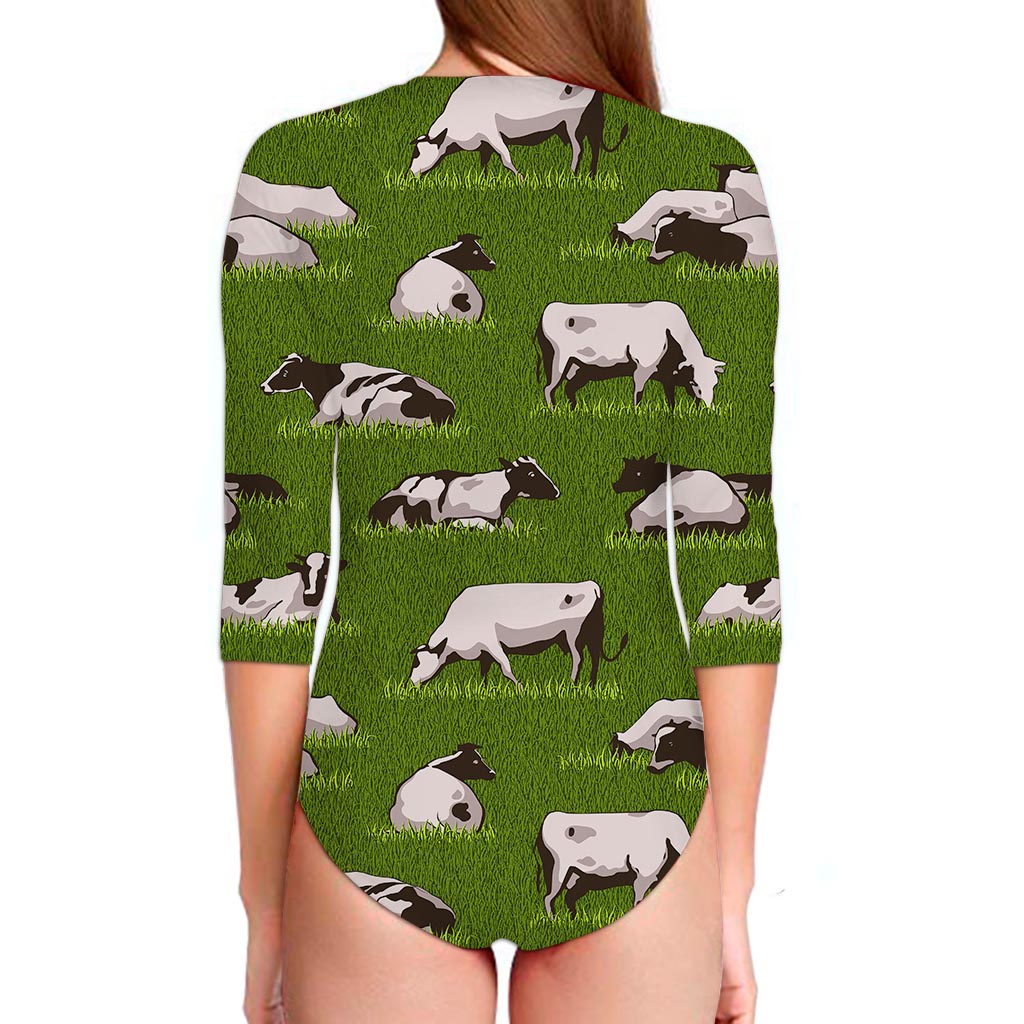 Cow On Green Grass Pattern Print Long Sleeve Swimsuit