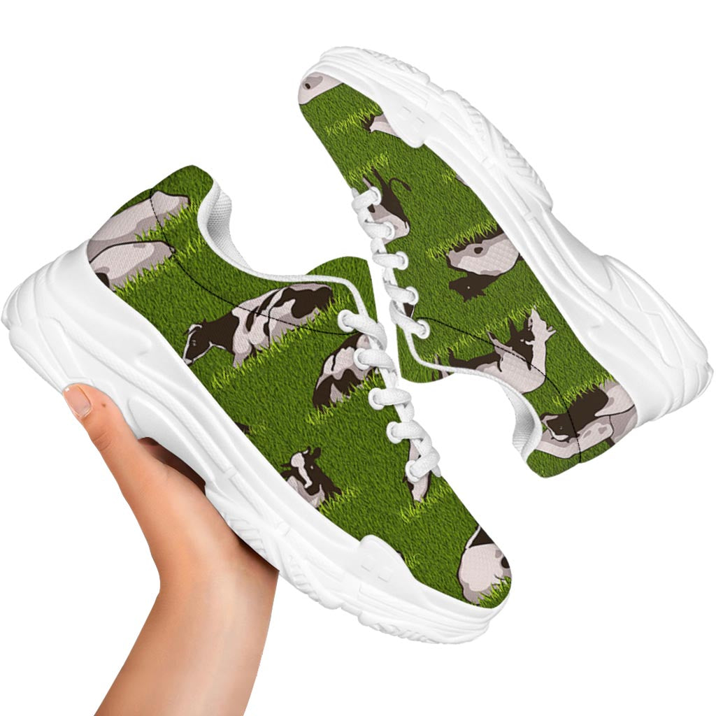 Cow On Green Grass Pattern Print White Chunky Shoes