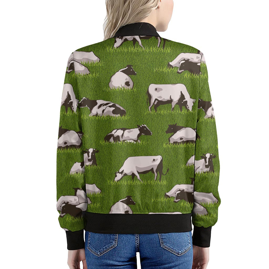 Cow On Green Grass Pattern Print Women's Bomber Jacket