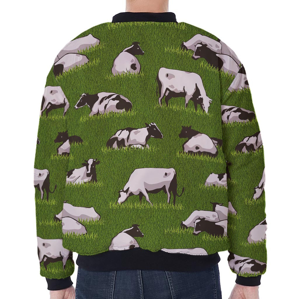Cow On Green Grass Pattern Print Zip Sleeve Bomber Jacket