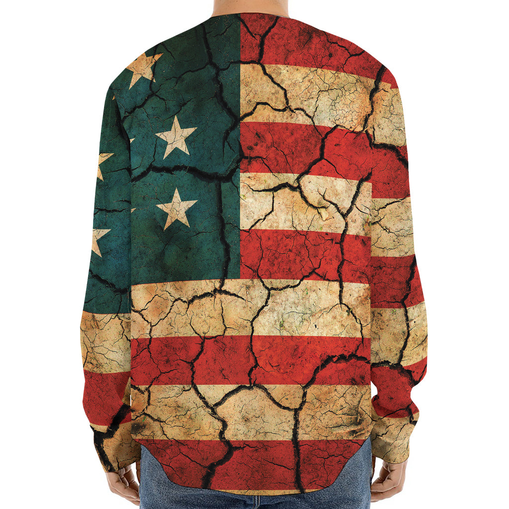 Cracked American Flag Print Long Sleeve Baseball Jersey