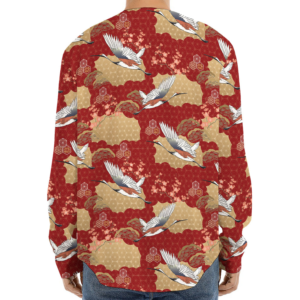 Crane Bird Kimono Pattern Print Long Sleeve Baseball Jersey