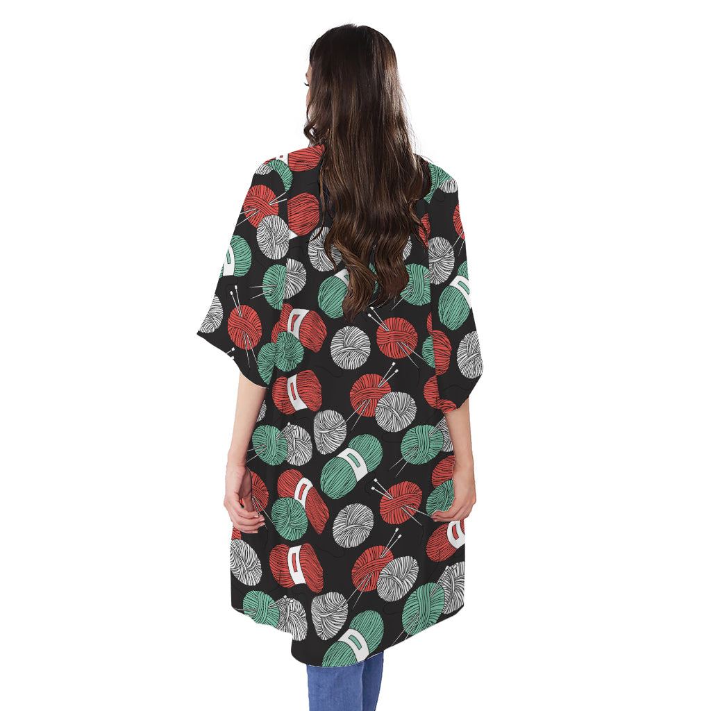 Crochet Yarn Pattern Print Open Front Beach Cover Up
