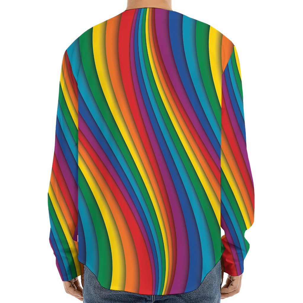 Curved Rainbow Pattern Print Long Sleeve Baseball Jersey