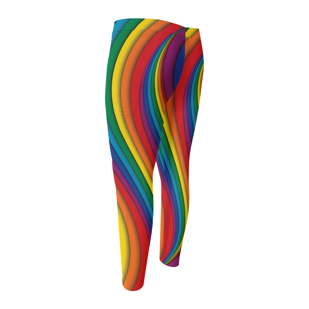 Curved Rainbow Pattern Print Men's Compression Pants