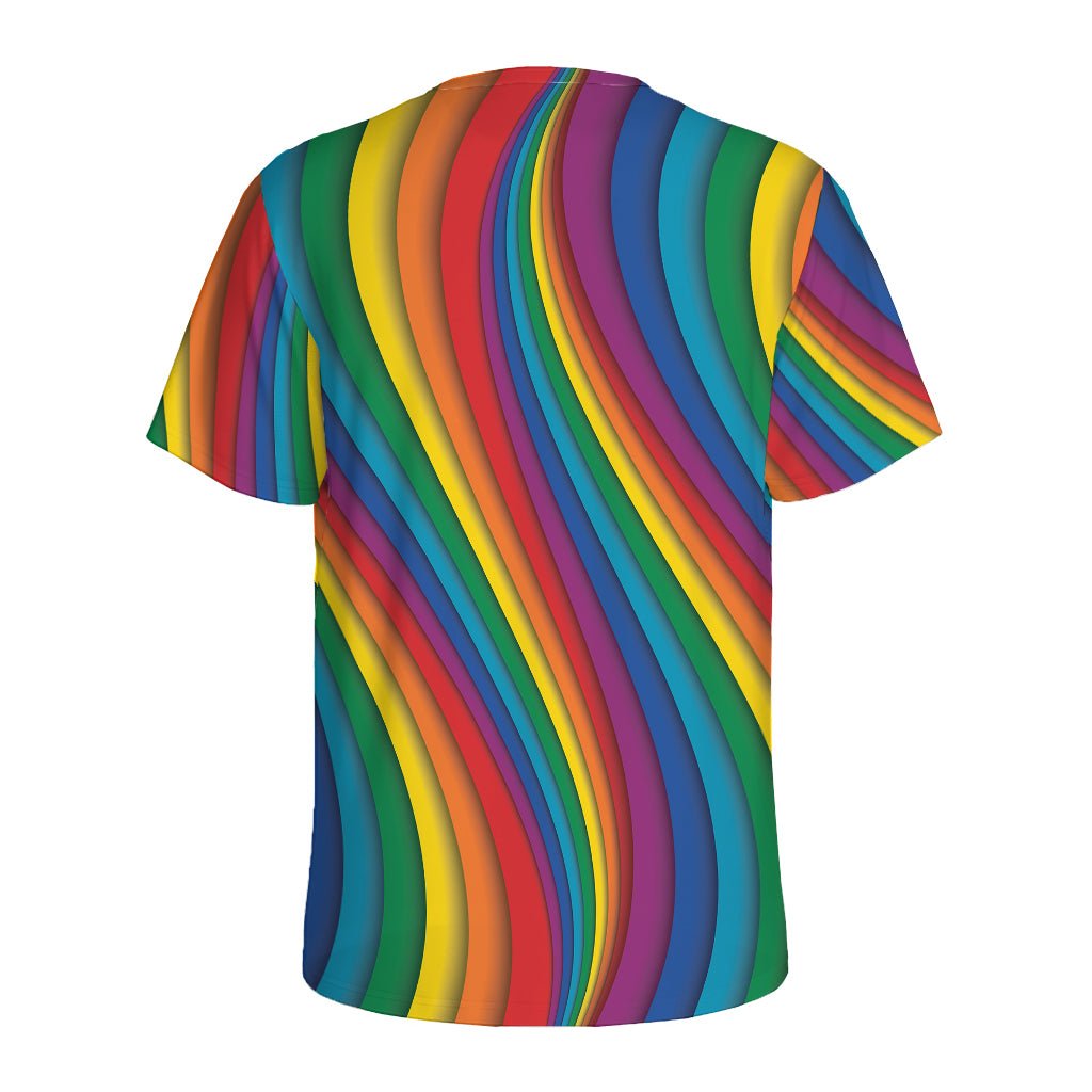Curved Rainbow Pattern Print Men's Sports T-Shirt