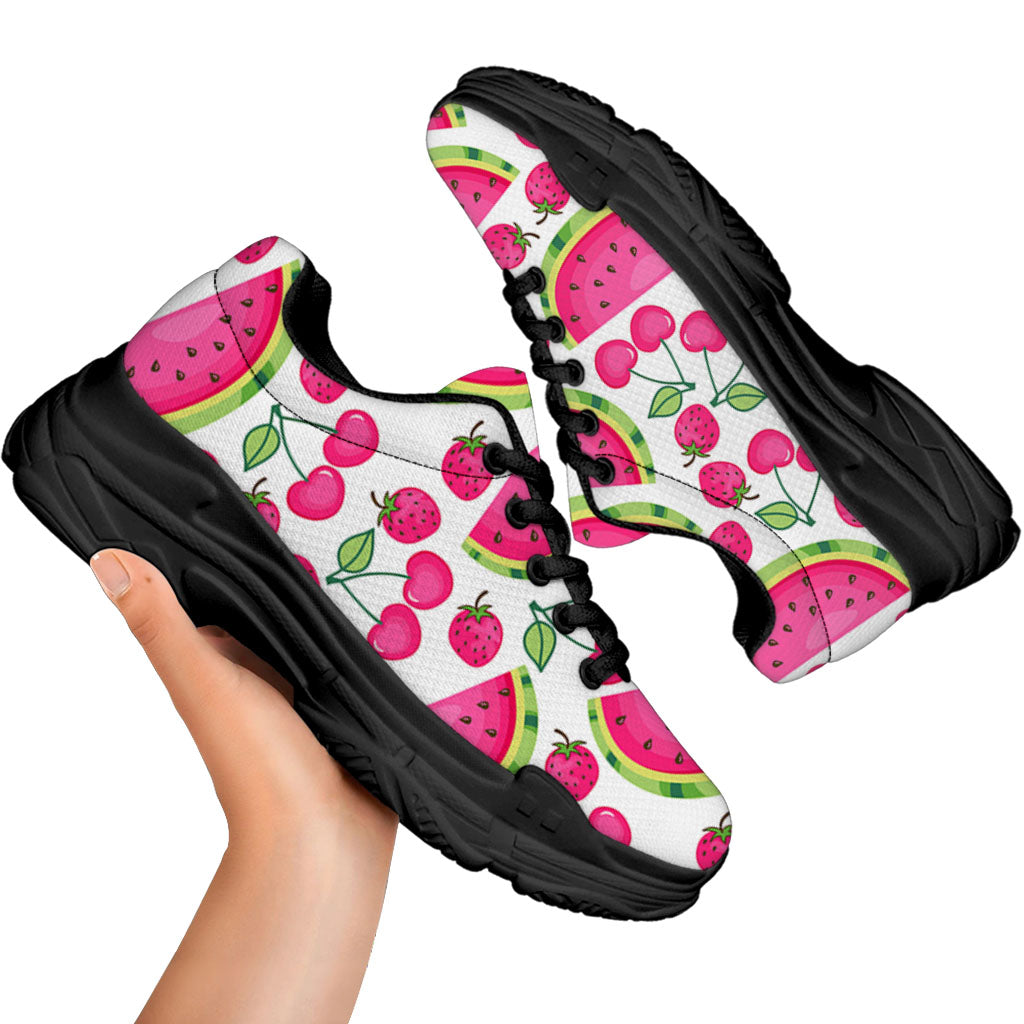 Cute Berry Watermelon Pattern Print Black Chunky Shoes