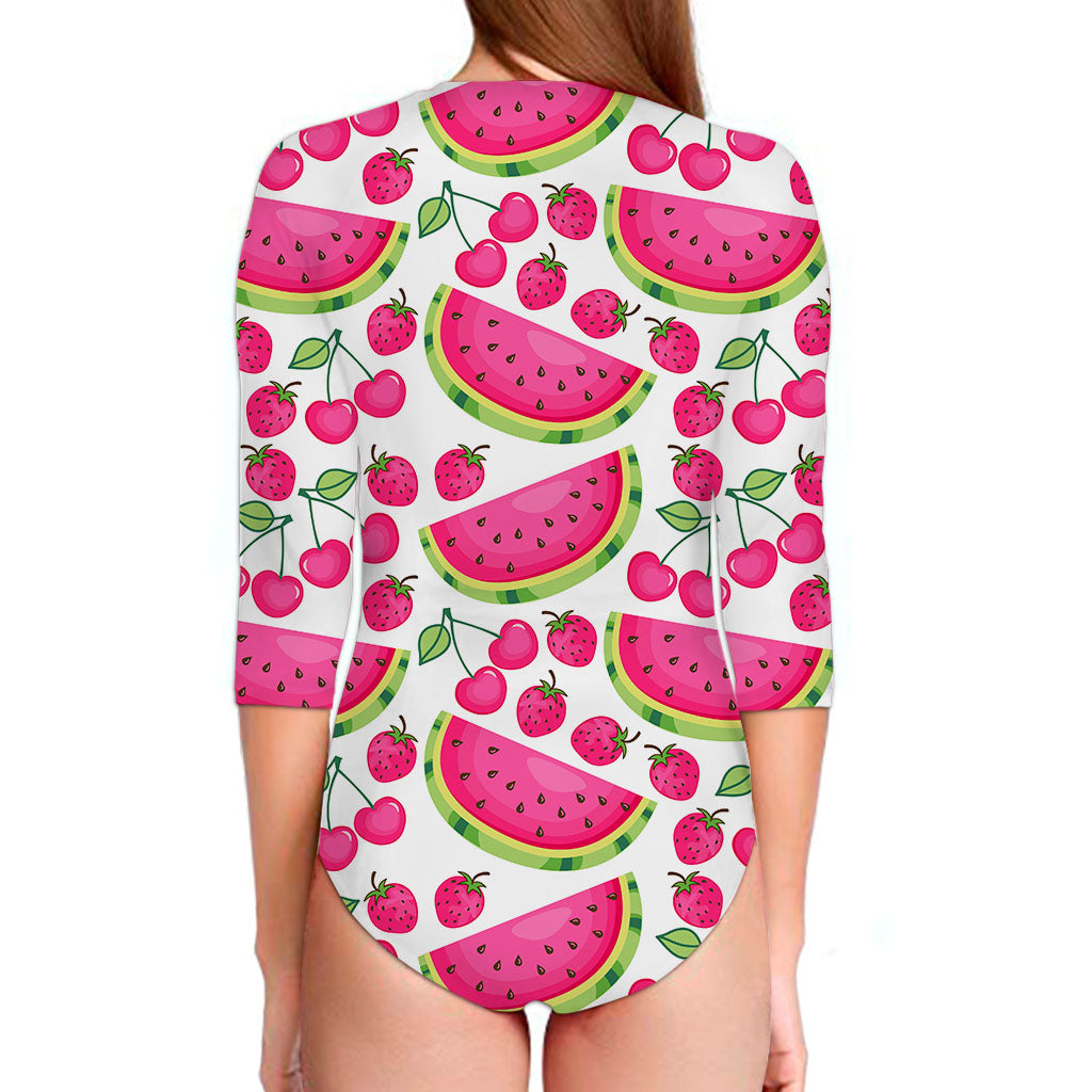 Cute Berry Watermelon Pattern Print Long Sleeve Swimsuit