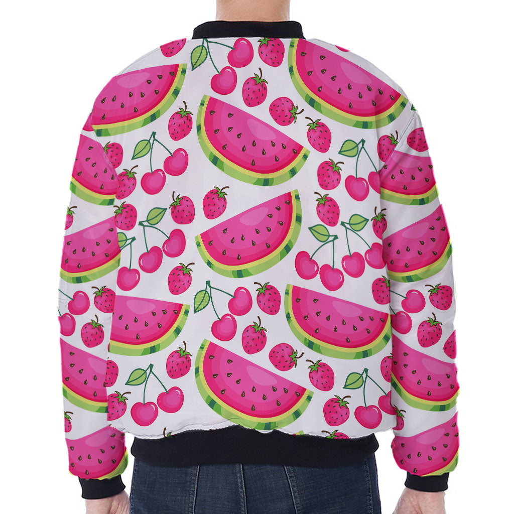 Cute Berry Watermelon Pattern Print Zip Sleeve Bomber Jacket