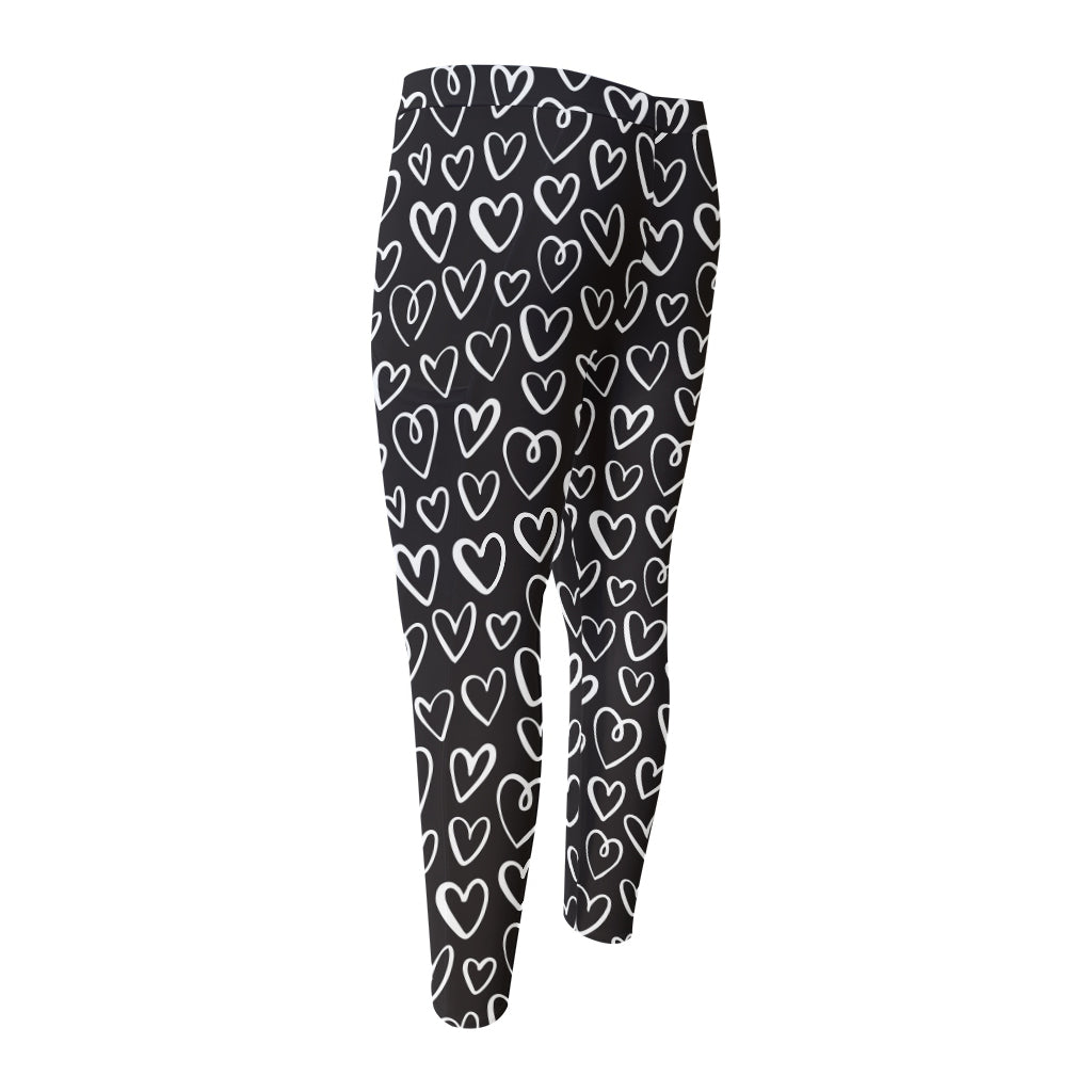 Cute Black And White Heart Pattern Print Men's Compression Pants