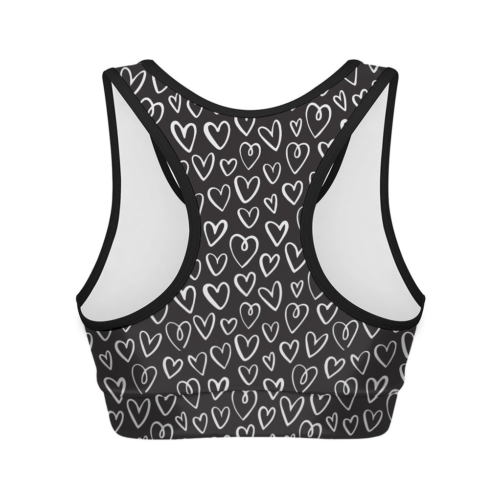 Cute Black And White Heart Pattern Print Women's Sports Bra