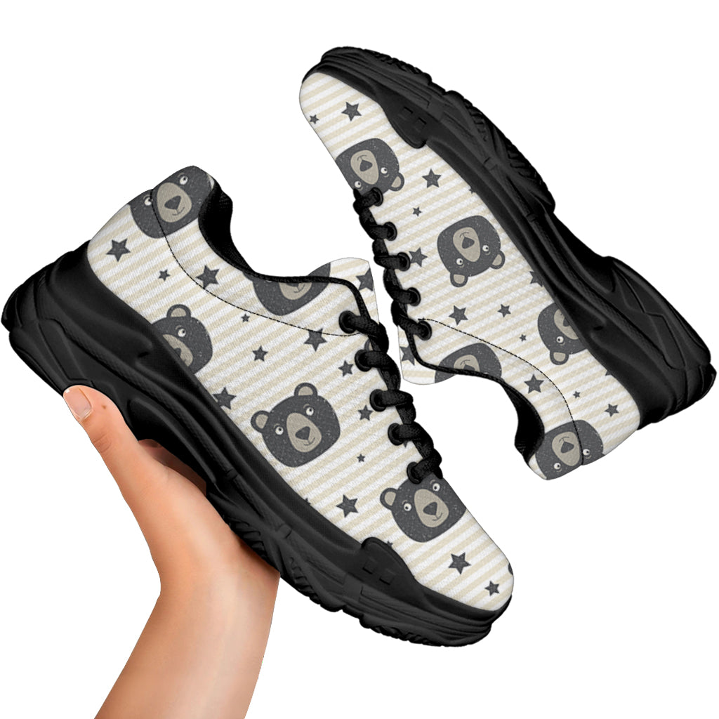 Cute Black Bear Pattern Print Black Chunky Shoes
